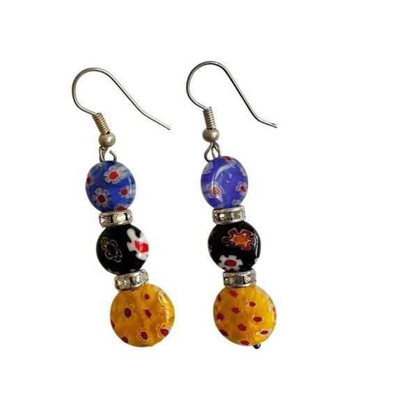 Millefiori Murano Glass  Multi-Colored Round Dangle Earrings - Picture 1 of 8